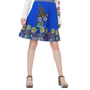 DESIGUAL Women’s Henry Abstract Floral Print Circle Skater Skirt Blue Medium